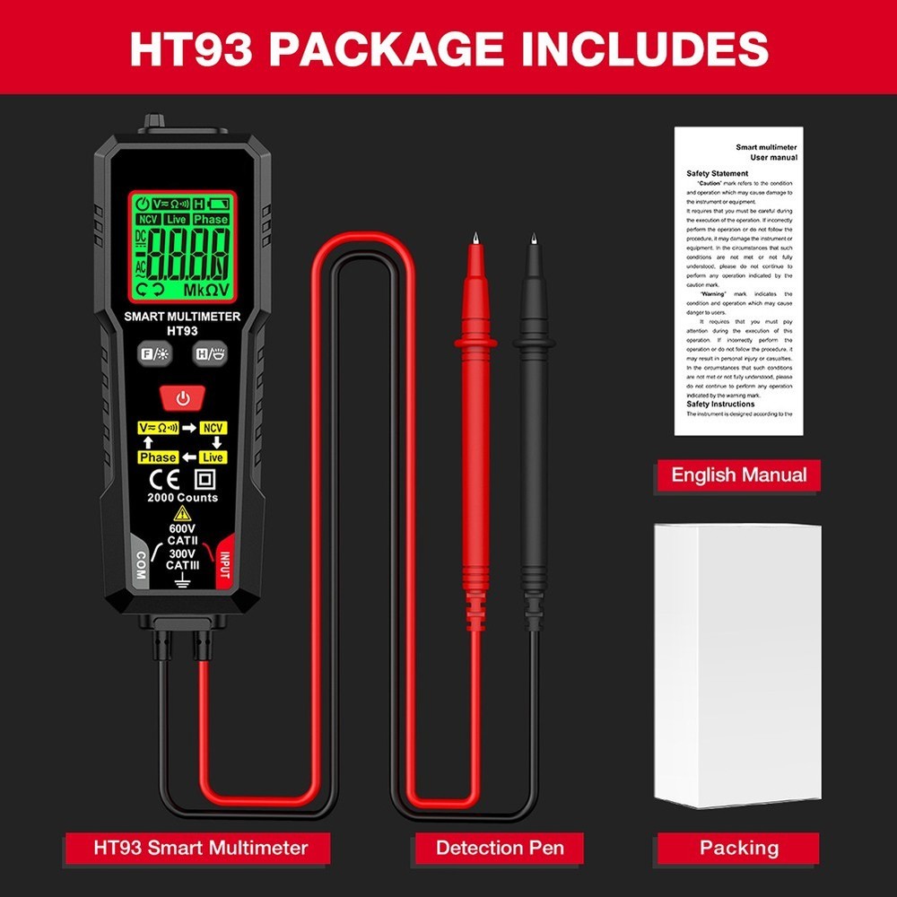 Handheld HT93 Multimeter with LED Flashlight and Auto Shutdown Feature