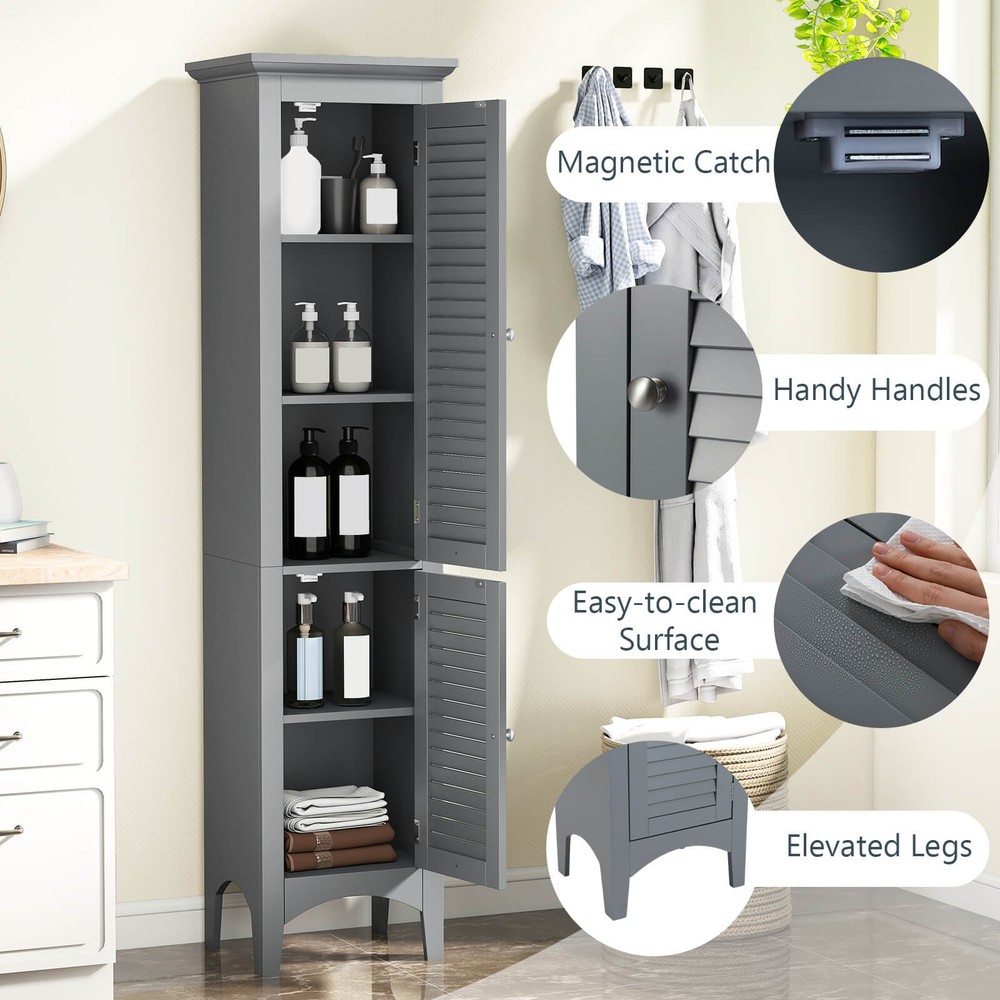 63” Tall Bathroom Cabinet w/ 2 Louvered Doors & Adjustable Shelf, Elevated Legs
