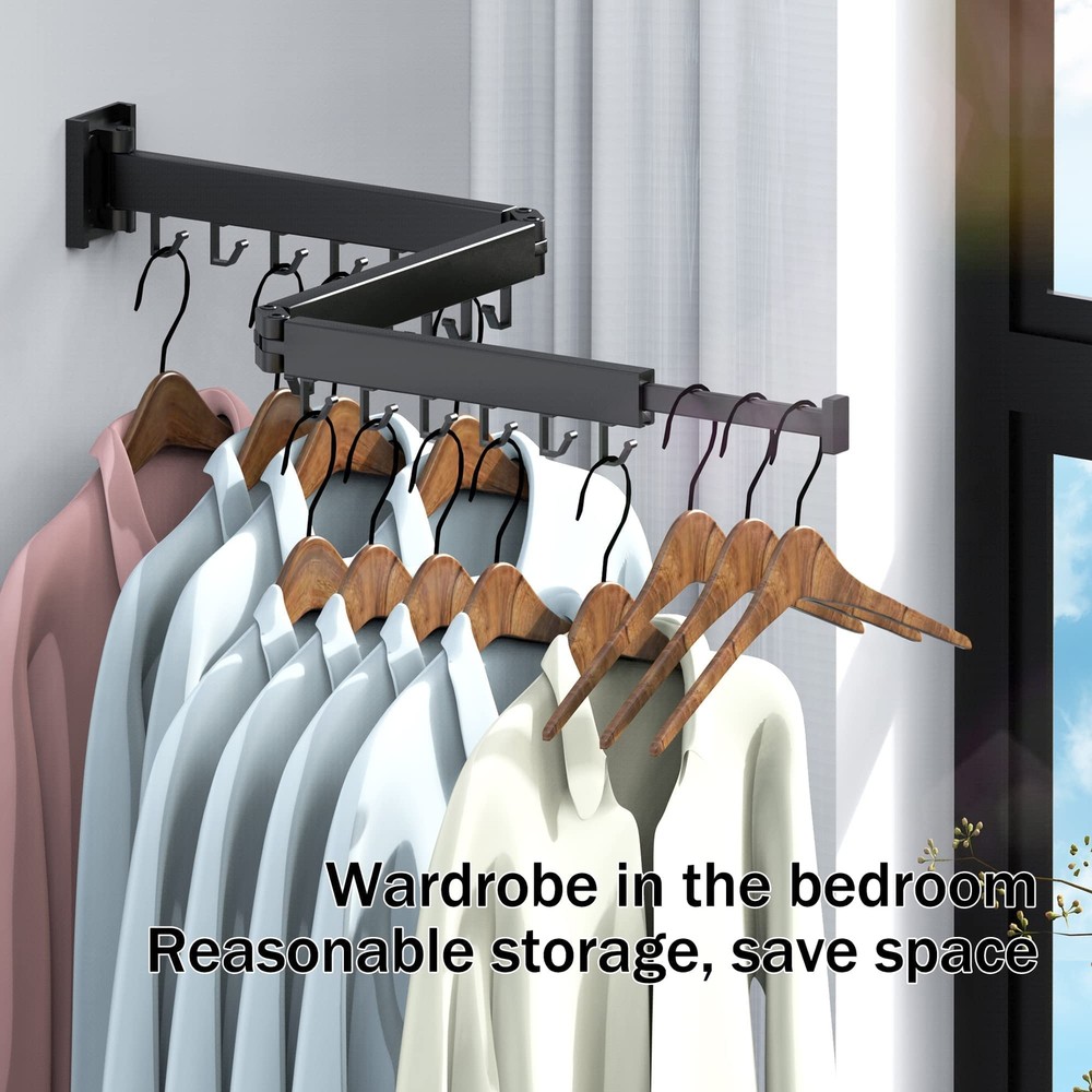 Wall Mounted Retractable Clothes Drying Rack Folding J Shape Hooks for Laundry