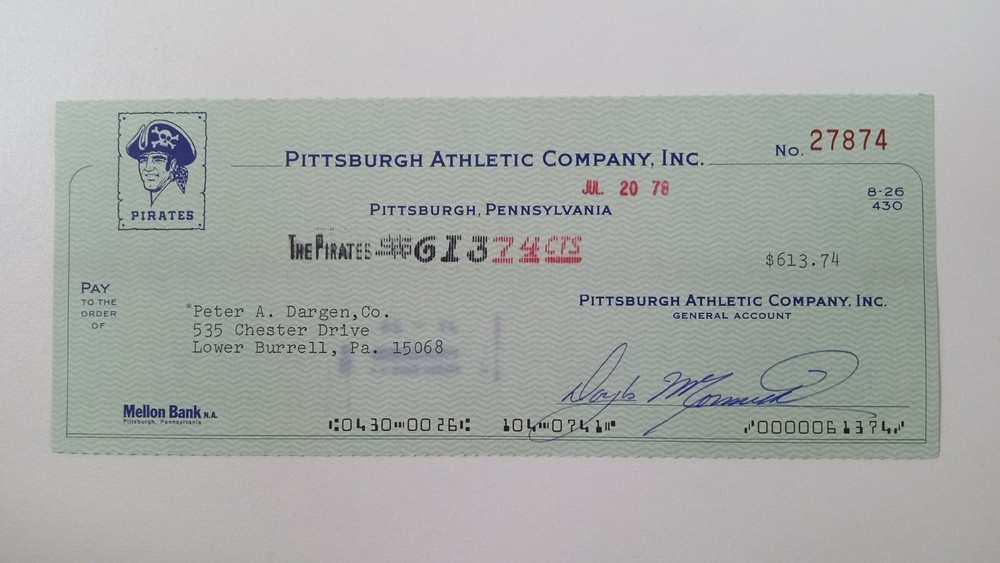 Peter A. Dargen, Co.: 1978 Pittsburgh Pirates Expense Check