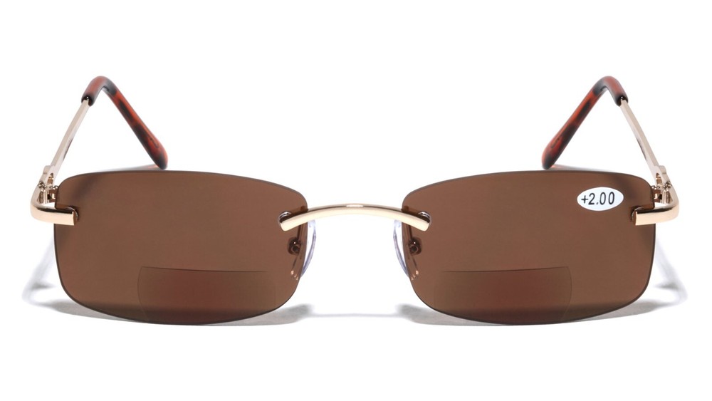 Men BIFOCAL Metal Rimless Rectangular Reading SunGlasses - Outdoor UV Reader