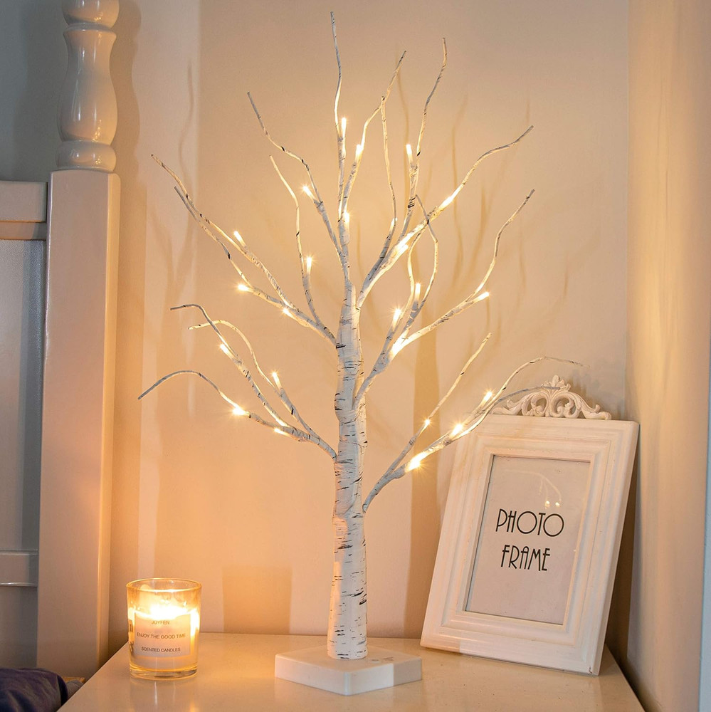 Artificial Tree for Easter Decorations, 2 FT Birch Tree with LED Lights, Warm Wh