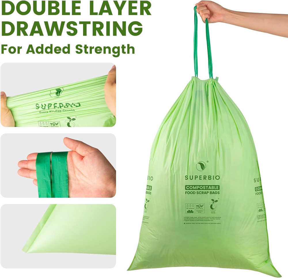 13 Gallon Compostable Drawstring Kitchen Waste Bag, 49.2 Liter, 30 Count,1 Mil,
