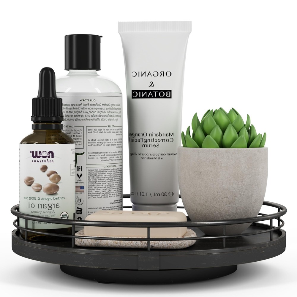 9" Oak Bathroom Vanity Tray Turntable for Perfume Candle, Round Wooden Decora...