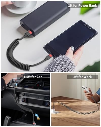 Coiled Lightning Cable for Car, 2 Pack Retractable Lightning USB A to Lightning