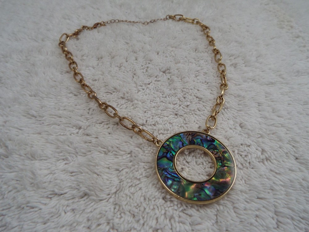 Goldtone Abalone Ring Pendant Necklace (D25)