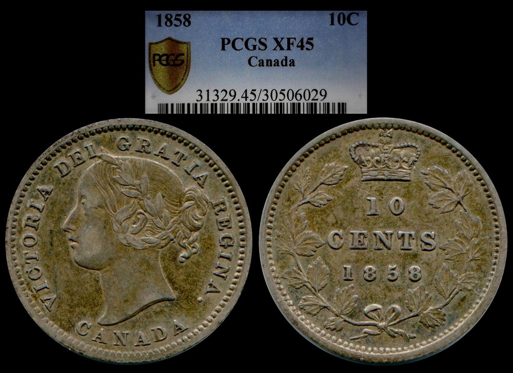 1858 Canada Dime graded PCGS45....Nice original 1st year Dime!