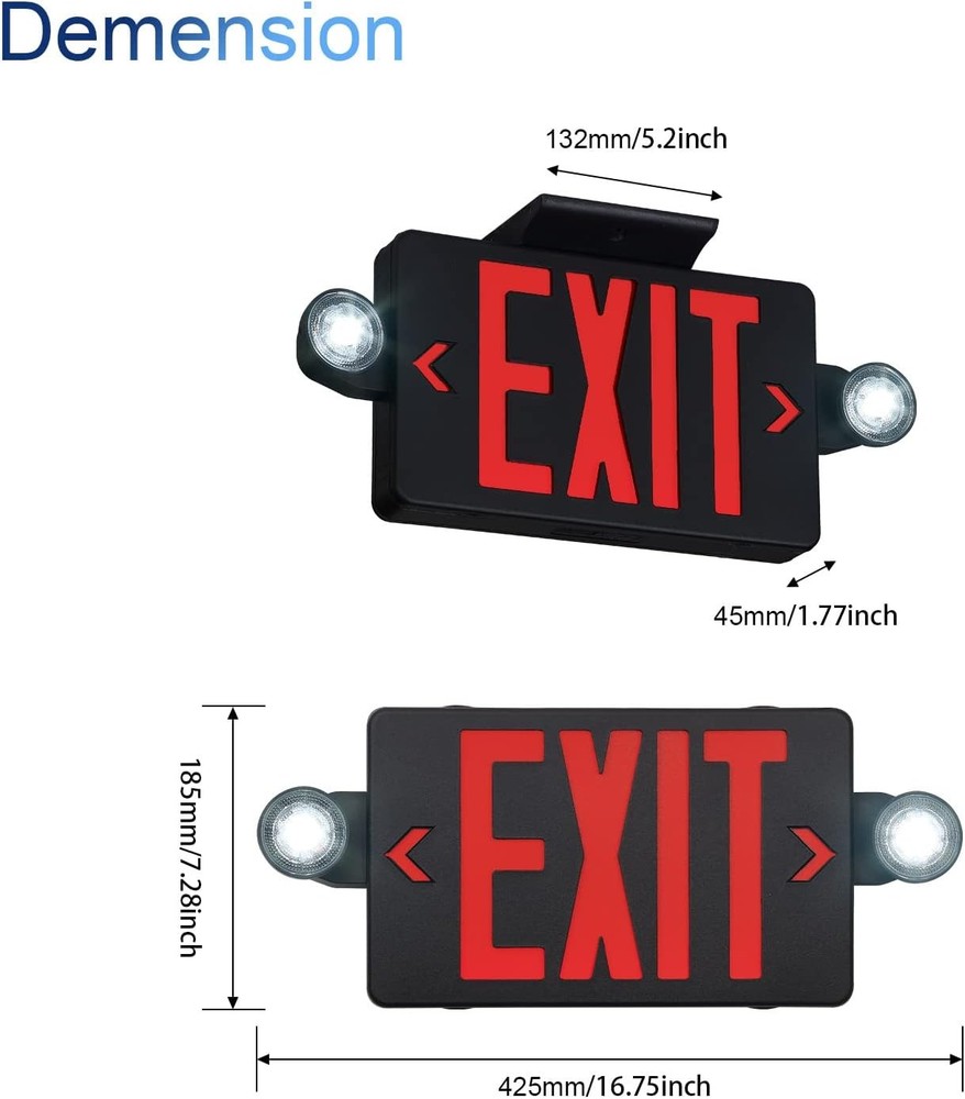 Black Exit Sign with Emergency Lights, LED Emergency Exit Light with Battery Bac