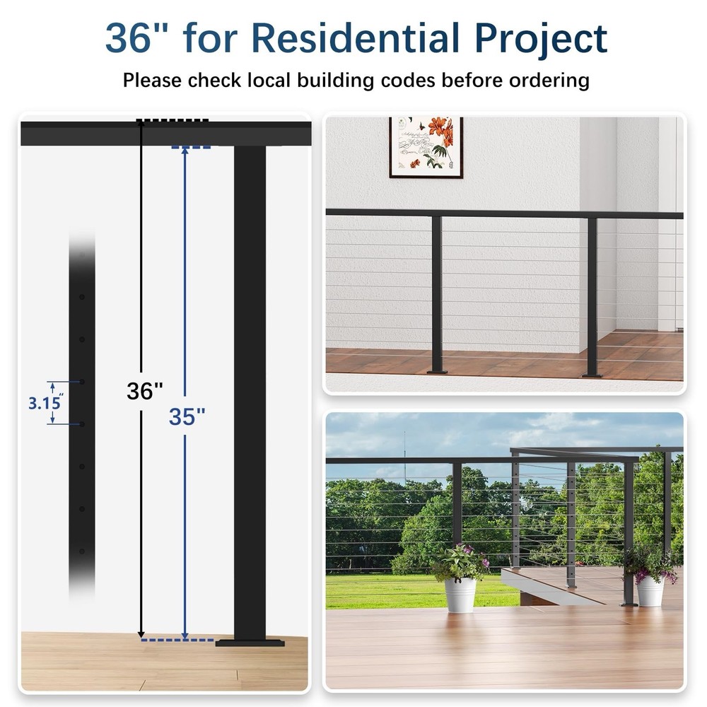 36" Cable Railing Post, Fixed Top Level Drilled Line Post w/Cable Grommets,
