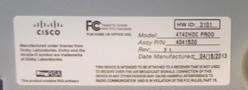 Cisco Technicolor 4742HDC2 High Definition Receiver Cable Box.--untested