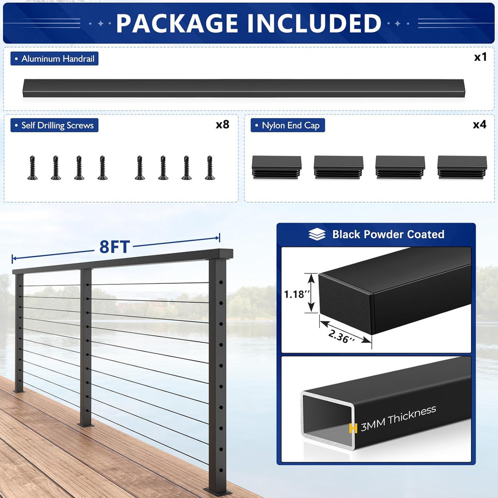 8FT Rust-Resistant Aluminum Black Handrail for Decks - DIY Cable Railing System