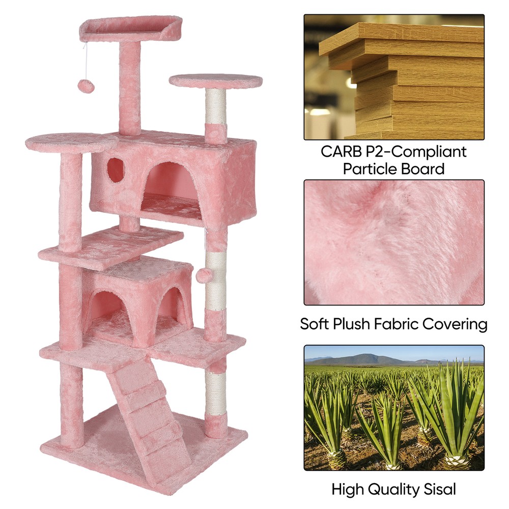 55 Inch Multi-Level Cat Tree Tower Kitten Condo House with Scratching Posts Pink