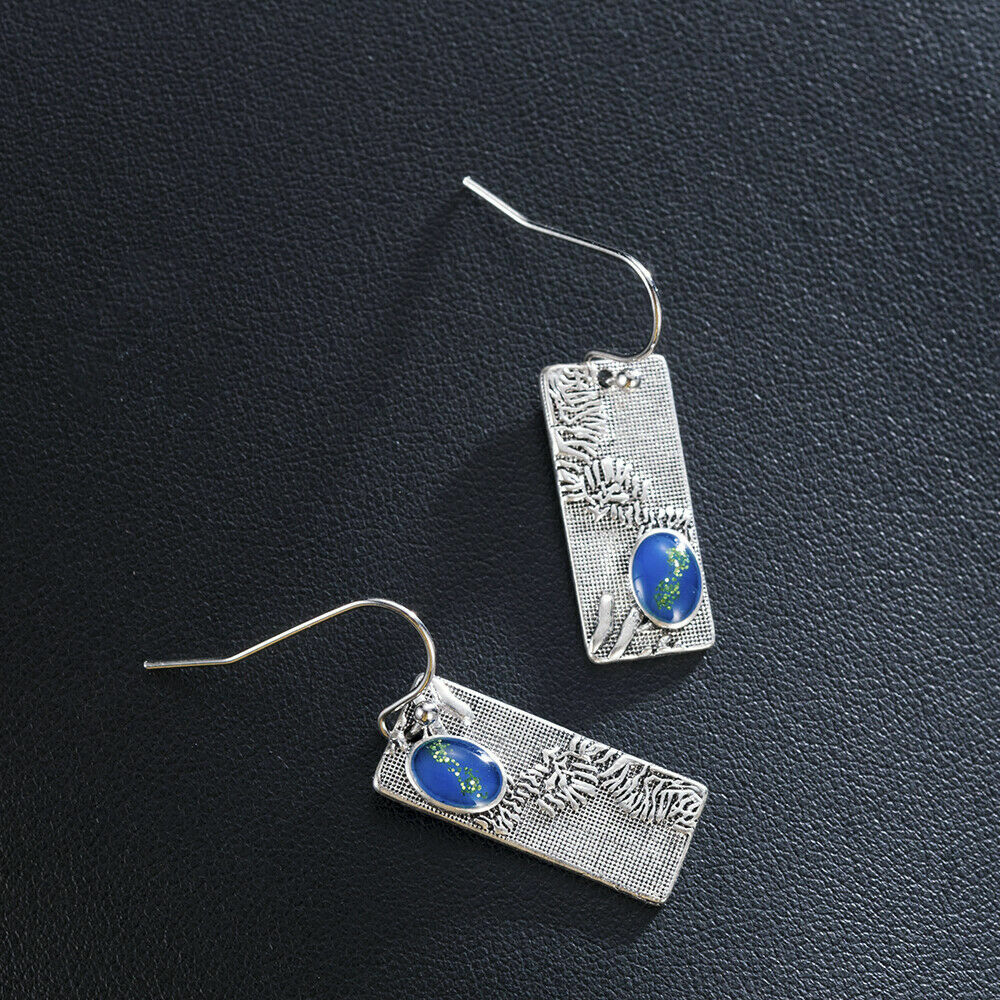 Unique New Silver Plated Blue Asymmetric Rectangle Hook Dangle Drop Earrings
