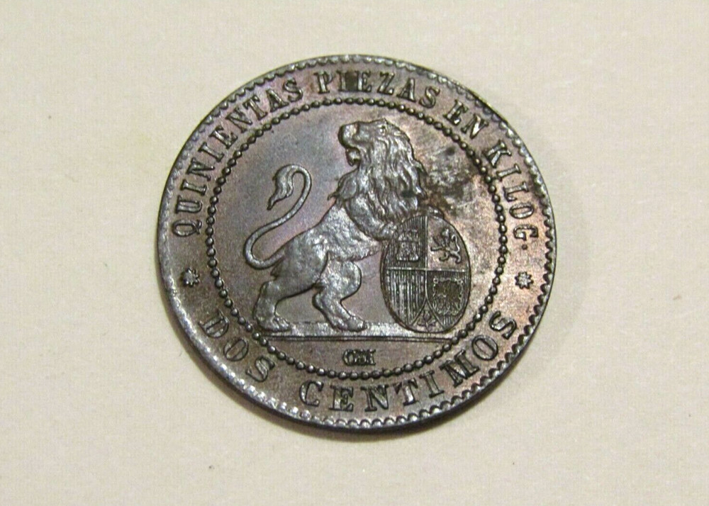 1870 Spain 2 Centimos Au Coin
