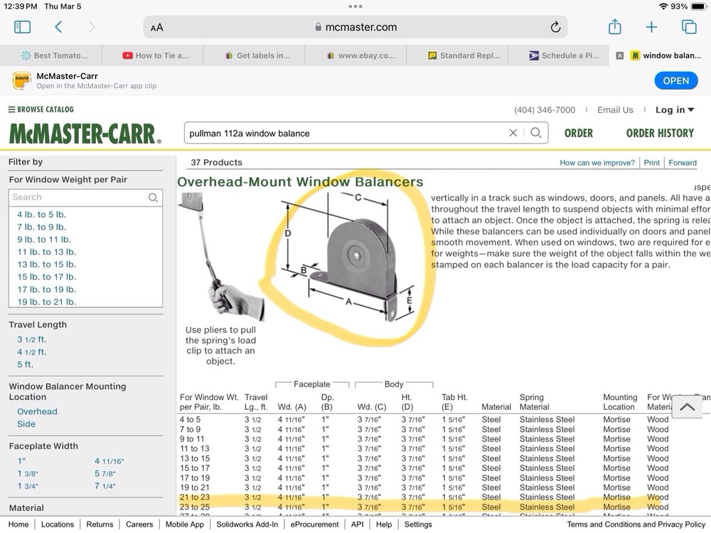 Pullman 112 A 23-25 Lb. Type Overhead Mount Window Balancer Spring 1053A36
