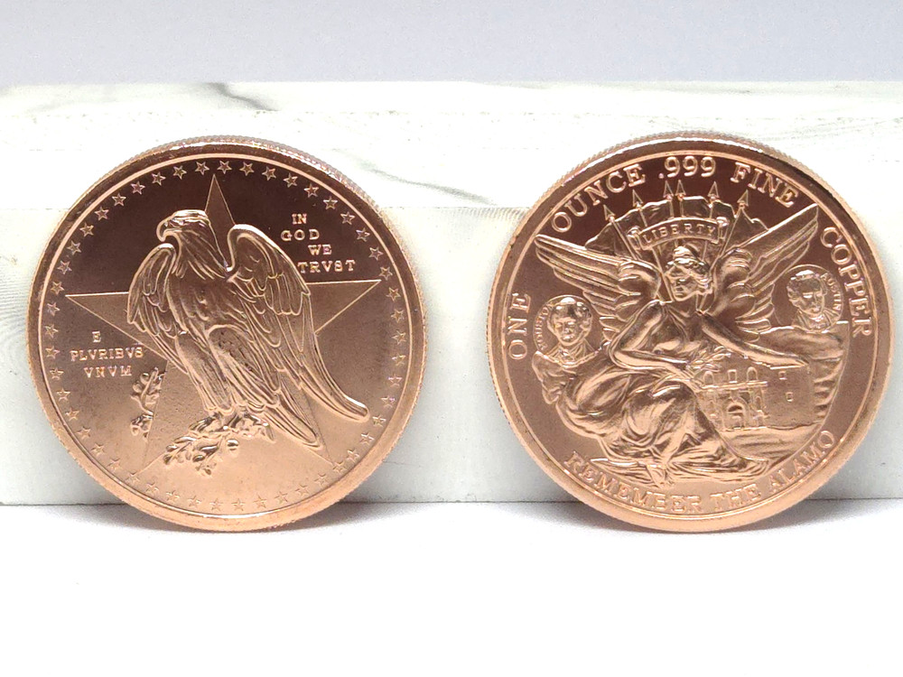 1 Oz. Solid .999 Fine Copper Round -Remember The Alamo Design
