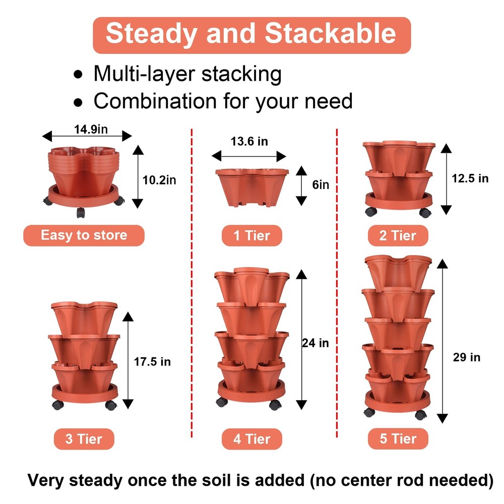 GameXcel Vertical Planter 5 Tier Stackable Planters Garden 5 1 Pack, Red