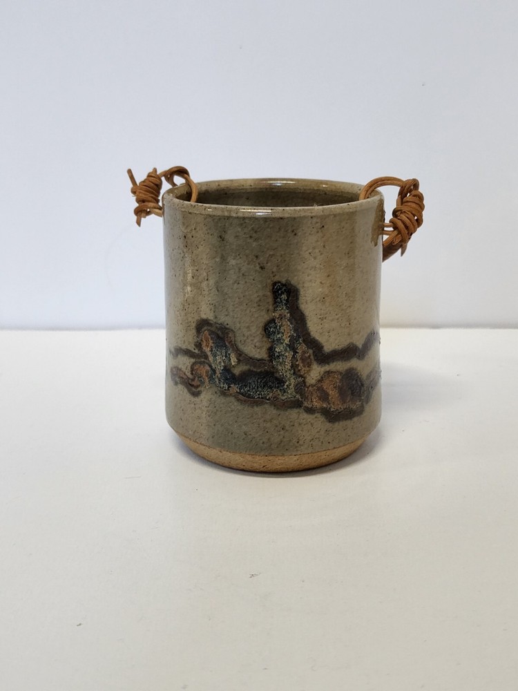 Pottery Pot Vase Knick Knack With Handle Tan Blue Signed Container Decore