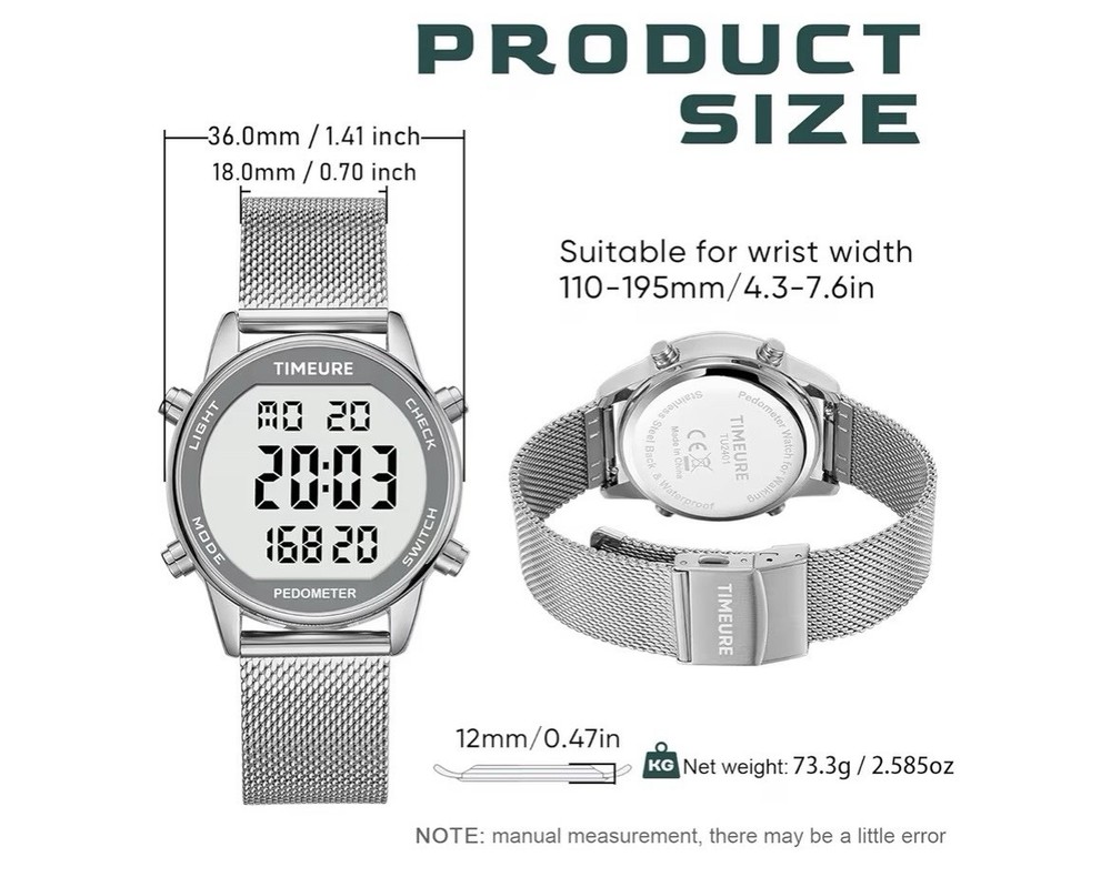 TIMEURE Silver Digital Pedometer Watch with Light and Step Counter
