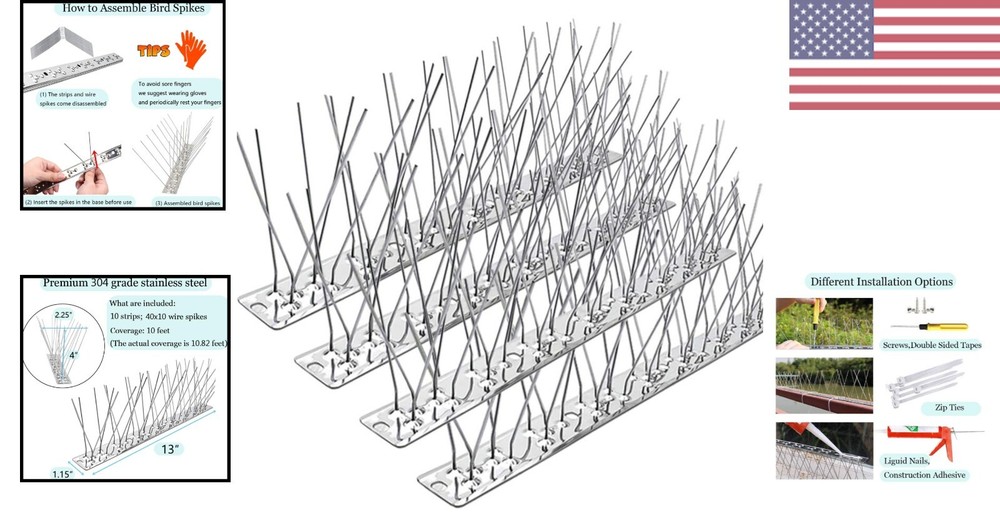 Stainless Steel Bird Spikes - Prevent Birds from Nesting & Pooping - 10 Strips