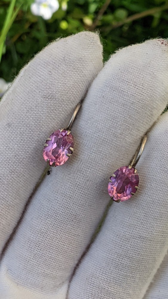Vintage Soviet 875 Silver Earrings with Pink Ruby Tone Stones