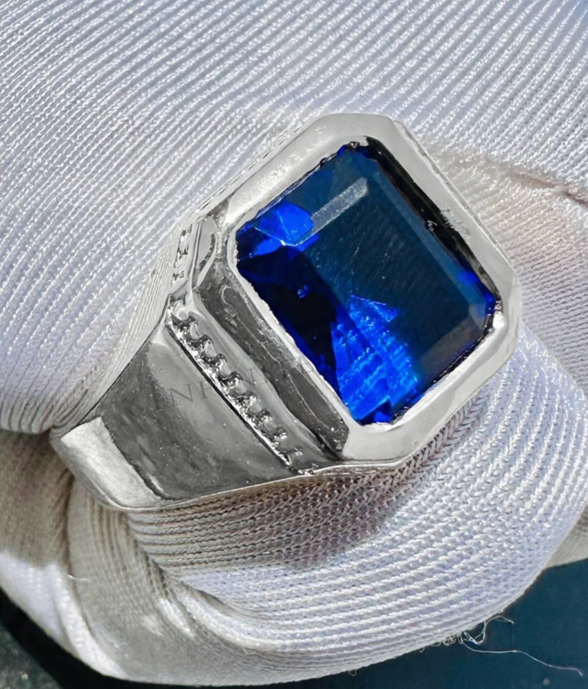 Solid 925 Sterling Silver Men's Blue Sapphire Ring Statement Engagement Jewelry