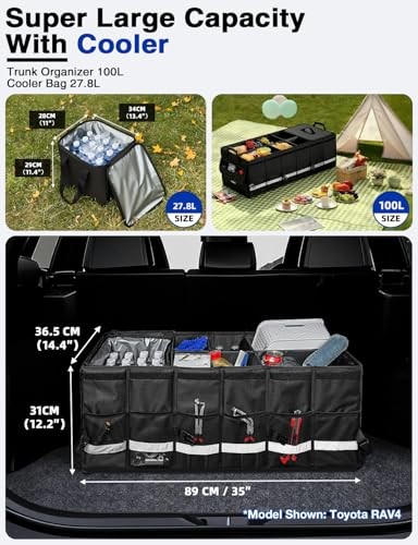 100L Car Trunk Organizer with Foldable Lid & Removable Cooler Bag, MOLLE Panel