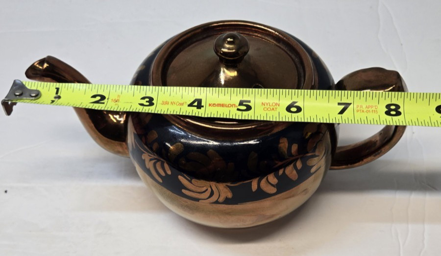 Copper Luster Teapot Blue Swirl Design Red Ware