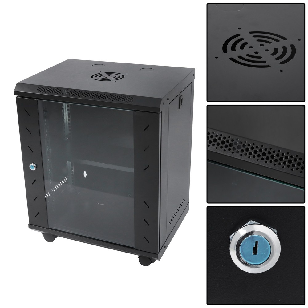 12U Wall Mount Server Rack 15.5" Deep Locking Glass Door & Panels