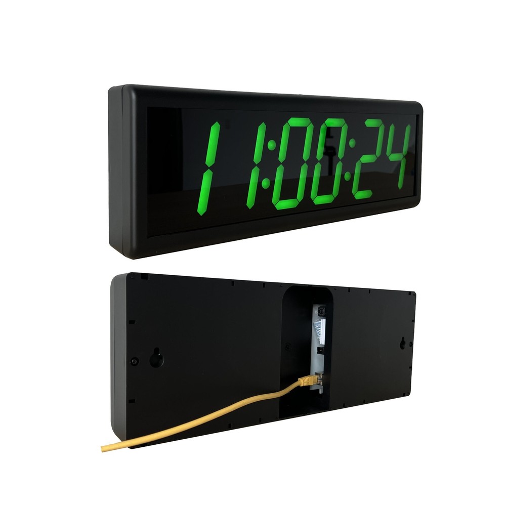 4" 6 Digit Green LED IP Wall Clock, Automatic DST Reset, Black Background
