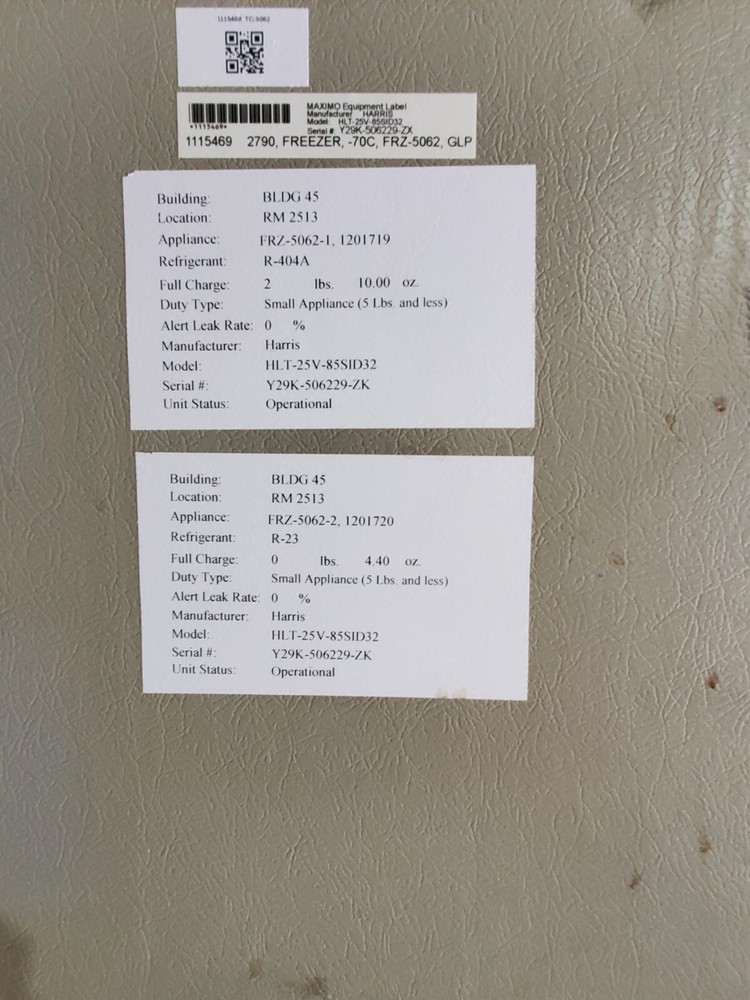 Harris (Revco Technologies) Ultra-Low Freezer Model HLT-25V-85SID32