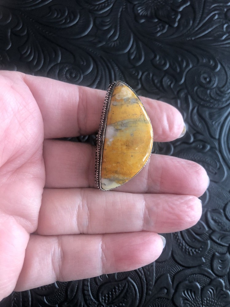 Crescent Moon Bumble Bee Jasper Size 7 Chunky Ring Box Bezel