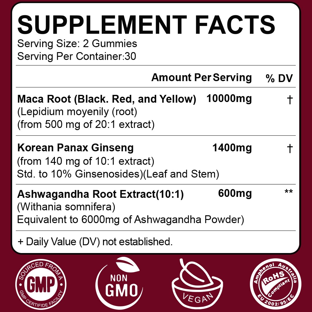 Maca Root Ginseng Gummies - Antioxidant, boosts blood flow and immune system