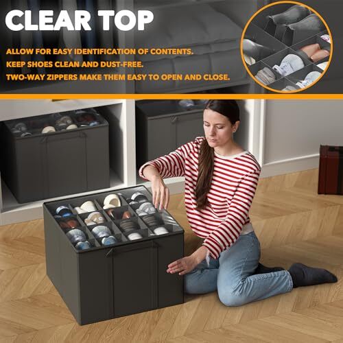 Shoe Organizer for Closet, 2 Pack Foldable Shoe Storage Containers Grey
