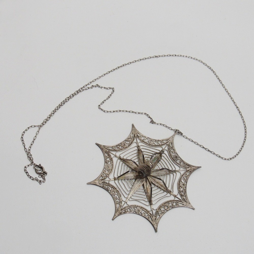 Antique Spider in Web Spun Sterling Silver Large 3 1/4"