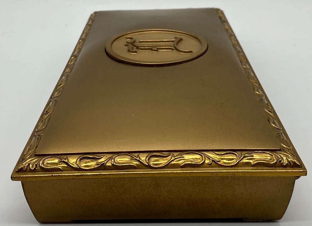 MCM Brass Hyde Park cork lined 8” box attached lid 2 sections 1950s monogram I