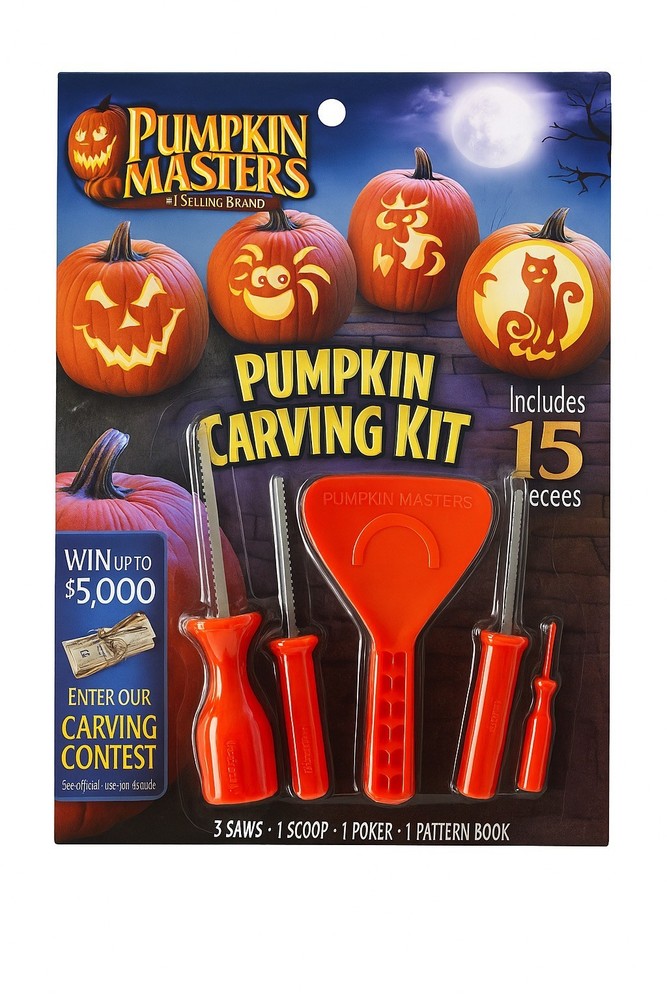 Pumpkin Masters Pumpkin Carving Kit includes 5 tools and 14 patterns