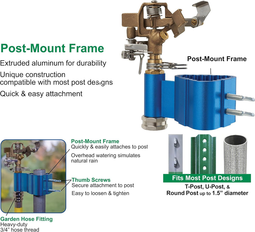 Post-Mount Sprinkler with Brass Impulse Head – Adjustable Watering Patterns, Cov