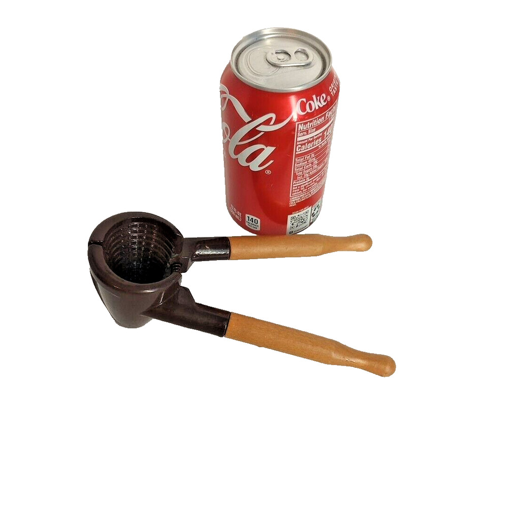 Vintage Hand Held Walnut Nutcracker Brown Metal Coated Cone Spring Wood Handles