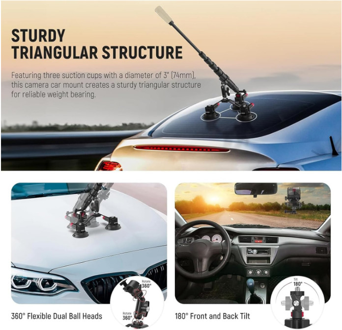 Triple Suction Cup Car Mount Kit with Extension Pole & Camera Adapter, CA065