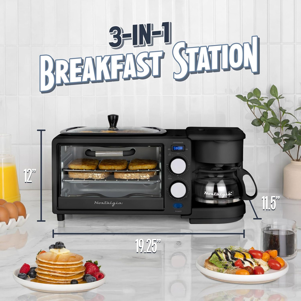 3-In-1 Retro Breakfast Station - Includes 5 Cup Coffee Maker, Non-Stick Ceramic