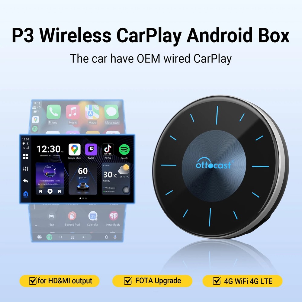 Ottocast P3 Android 12 AIBOX Car TV Box Multimedia Player w/ Wireless Carplay&AA