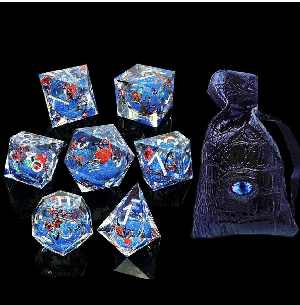DND 7 Dice Set Sharp Beautiful Flower Dice, Liquid Core w/ bag.