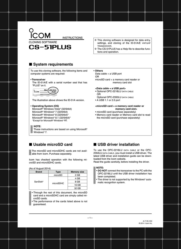 Icom CS-51PLUS — INSTRUCTIONS User Guide How-To Tutorial — 9 Pages — USA Made