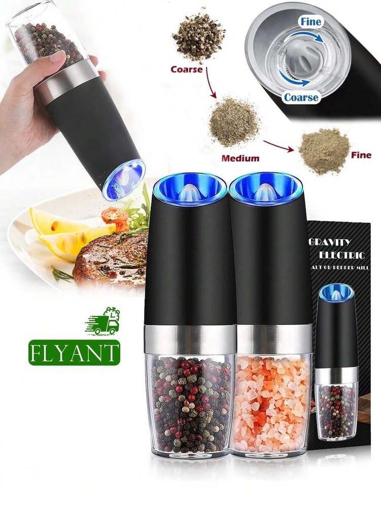 2 Pack Gravity Electric Salt and Pepper Grinder Mill Shaker Adjustable Automatic