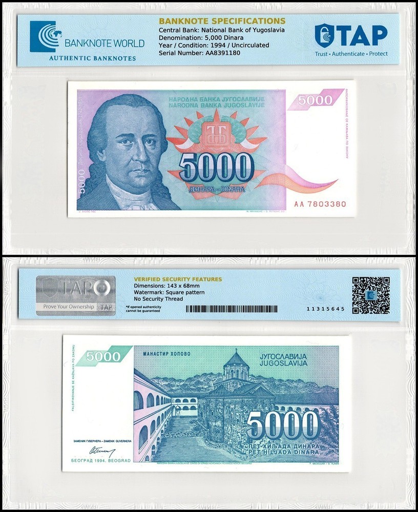 Yugoslavia 5000 Dinara, 1994, P-141a, UNC, TAP Authenticated