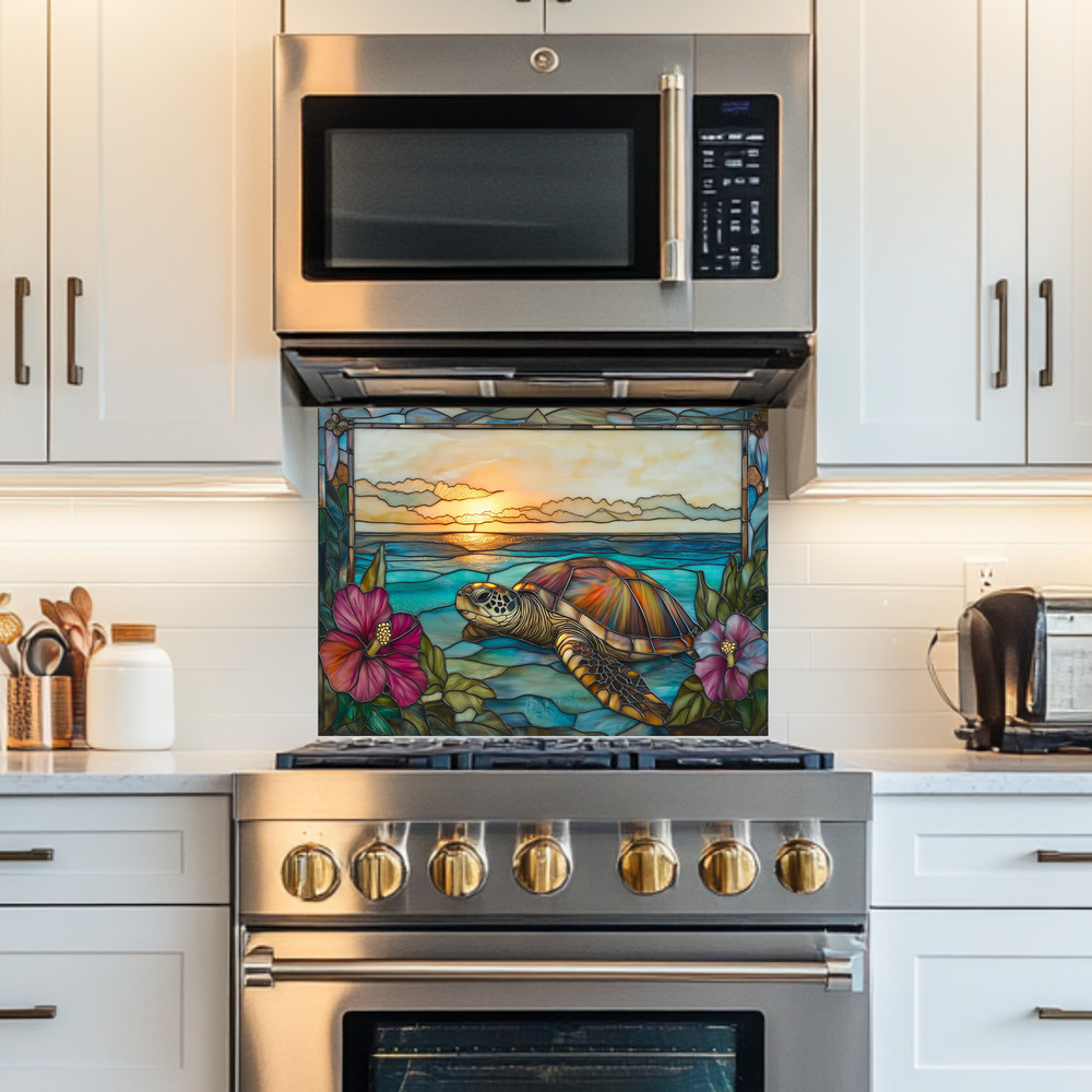 Stained Glass Look Sea Turtle Kitchen Backsplash Panel, Tropical Hibiscus Sunset