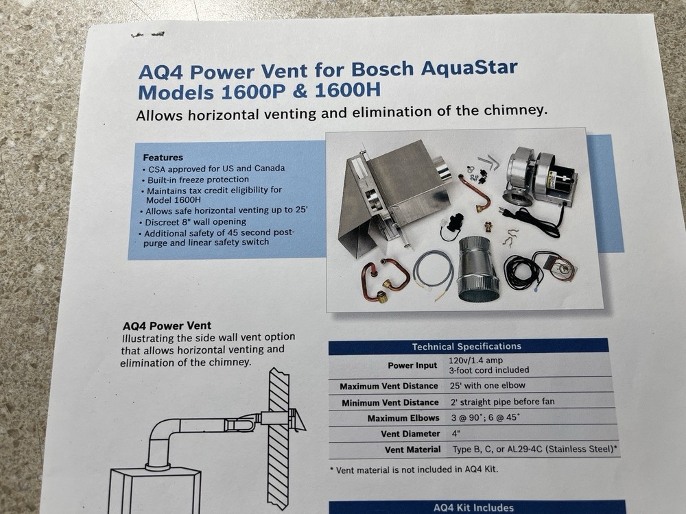 AQ4 Power Vent for Bosch AquaStarModels 1600P & 1600H + FREE SHIPPING