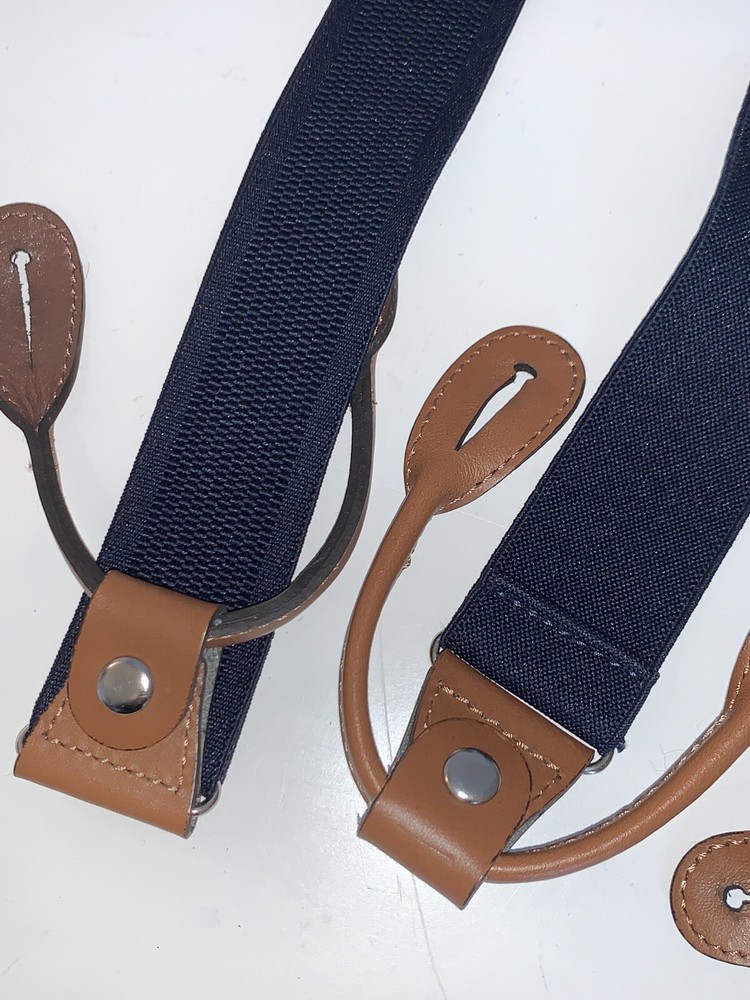 2 NEW• Pair of Suspender Black Polka Dot & Solid Blue•Leather Braces