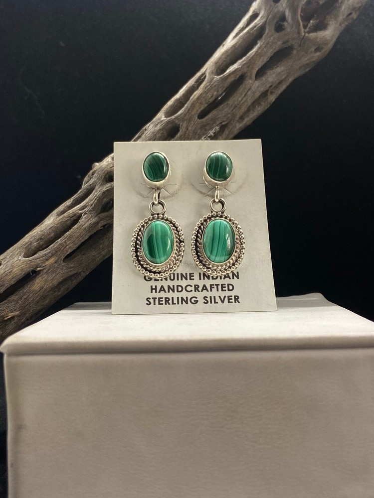 Handmade Native American Navajo malachite Sterling Silver post Dangle Earrings